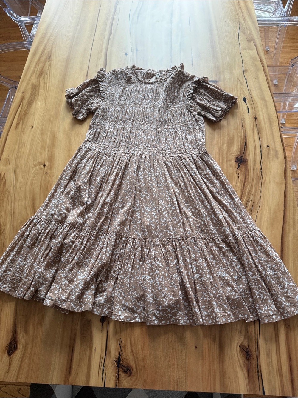 Smocked Floral Casual Dress in Taupe - Mirth